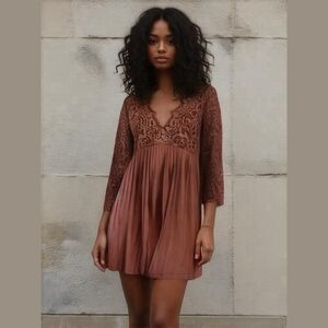 Zara Terracotta Pleated Guipure Lace Dress Size Medium